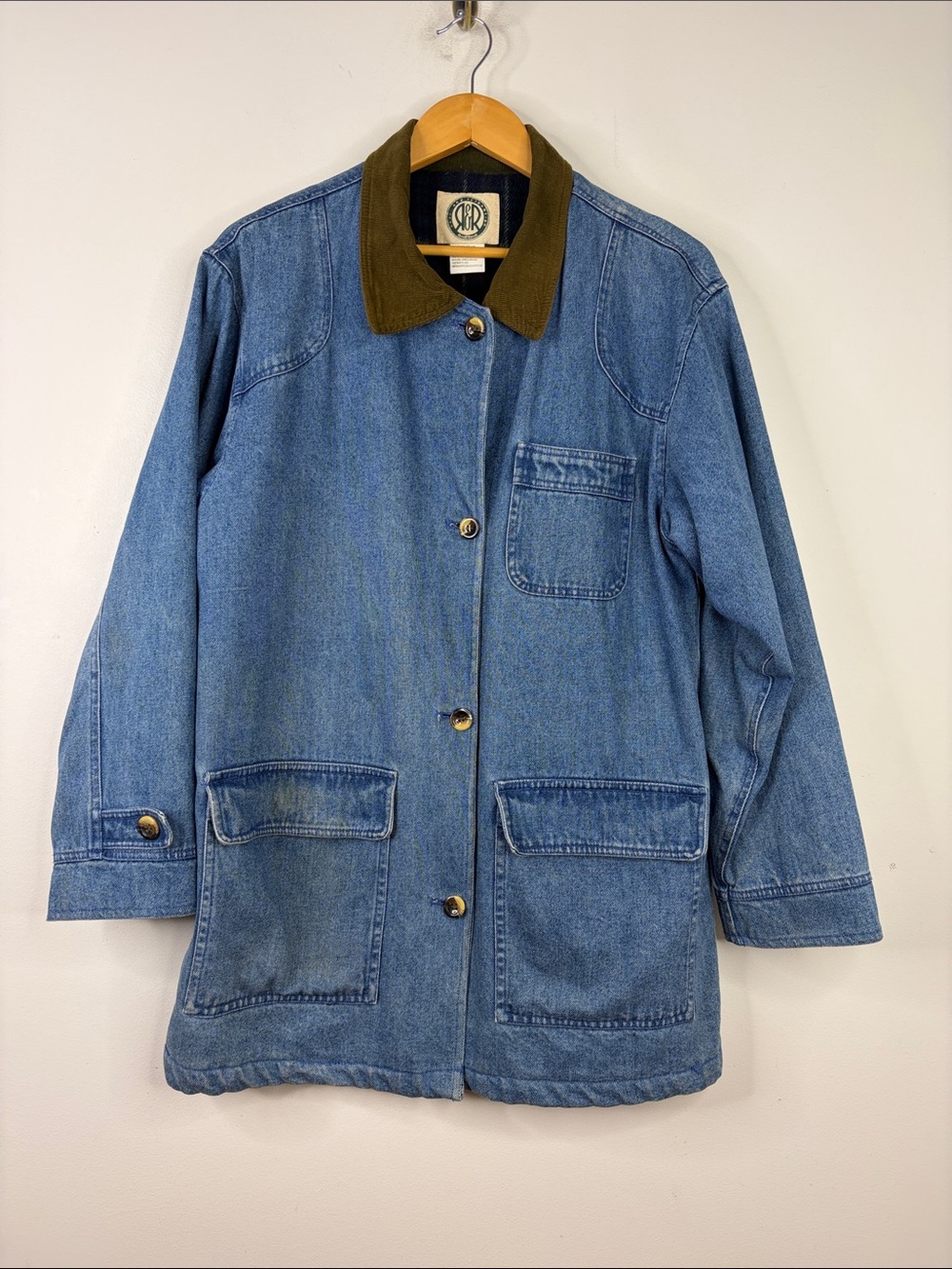 Denim Chore Jacket Womens Medium Blue Barn Coat Plaid Flannel Lined Corduroy